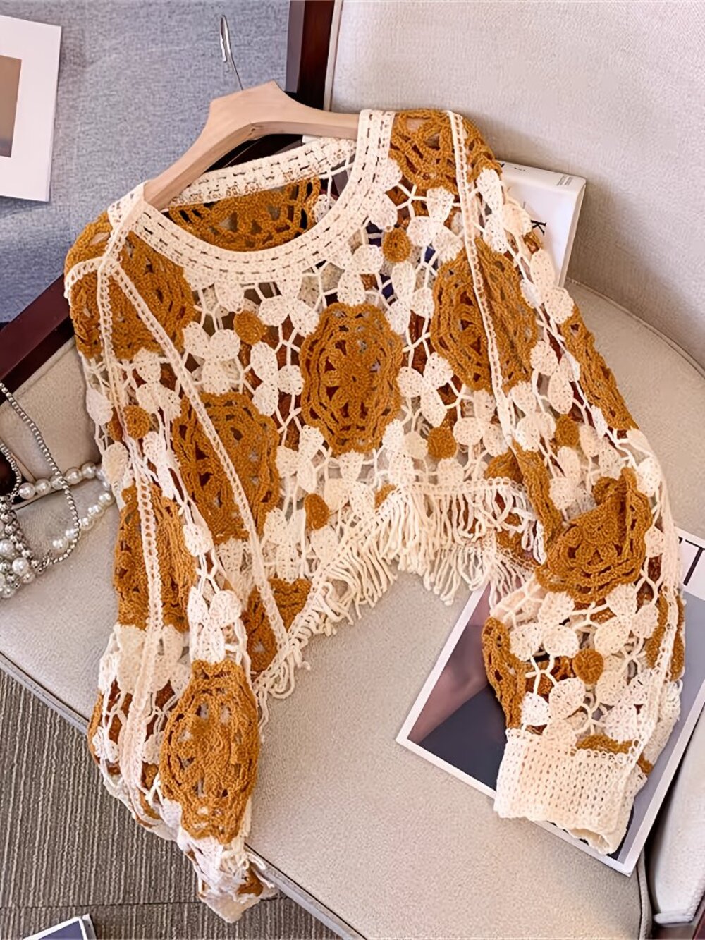 Unbranded Boho Crochet Granny Square Cropped Sweater Fringe Cream & Gold NEW S/M